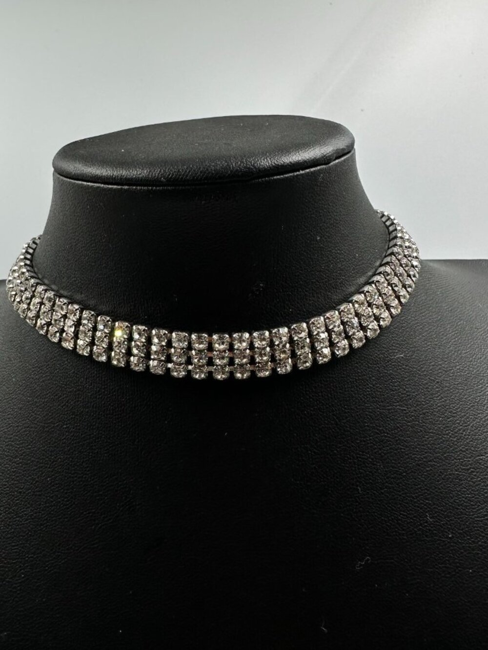 3/$30 Rhinestone Choker Necklace Silver Tone Statement Three Row Sparkle Evening